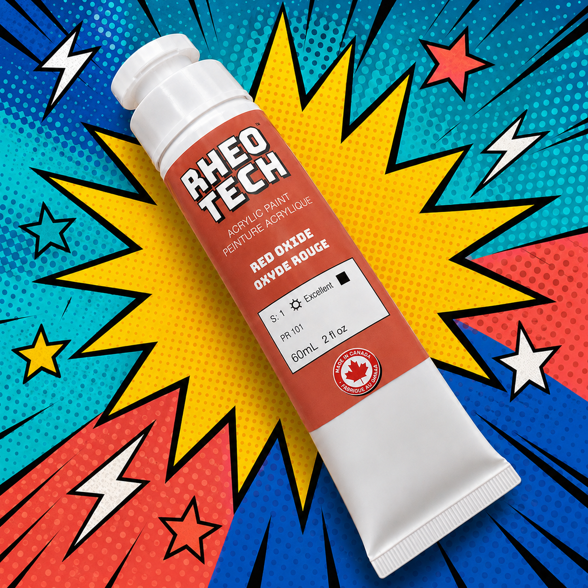 Rheo Tech acrylic paint tube on a colorful comic book style background