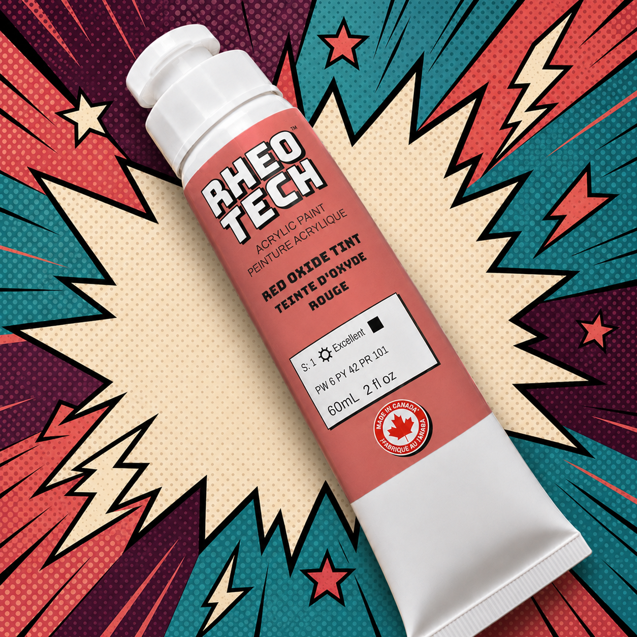 Rheo Tech acrylic paint tube on a colorful abstract background