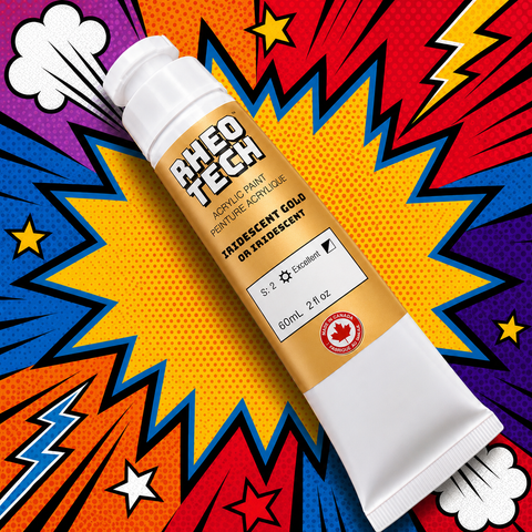 A tube of Rheo Tech acrylic paint on a colorful comic book style background