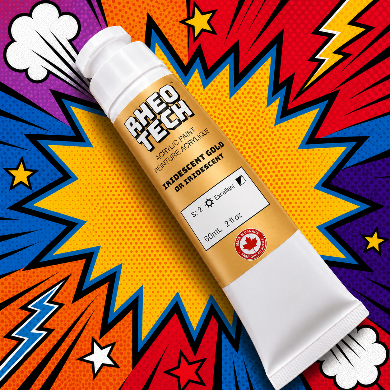 A tube of Rheo Tech acrylic paint on a colorful comic book style background
