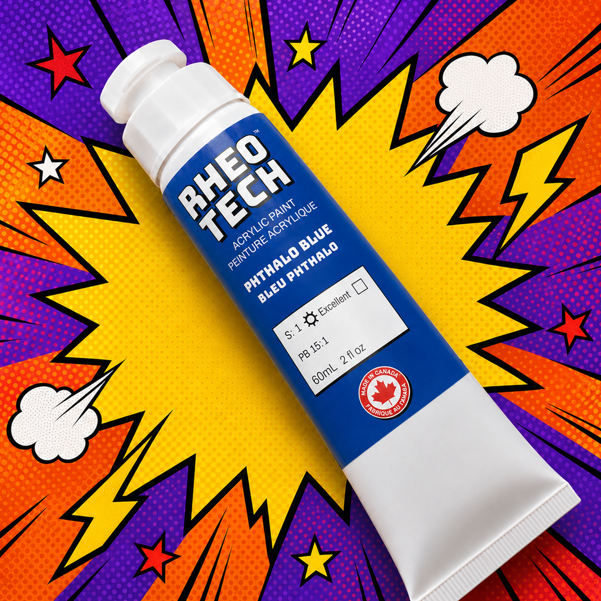 Rheotech acrylic paint tube on a colorful comic book style background