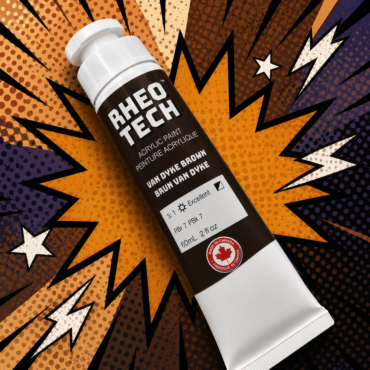 A tube of Rheotech acrylic paint on a colorful abstract background