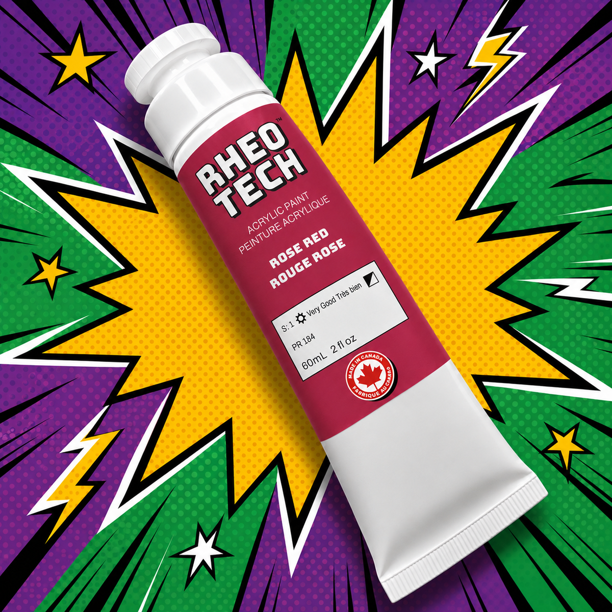 Rheo Tech acrylic paint tube on a colorful abstract background