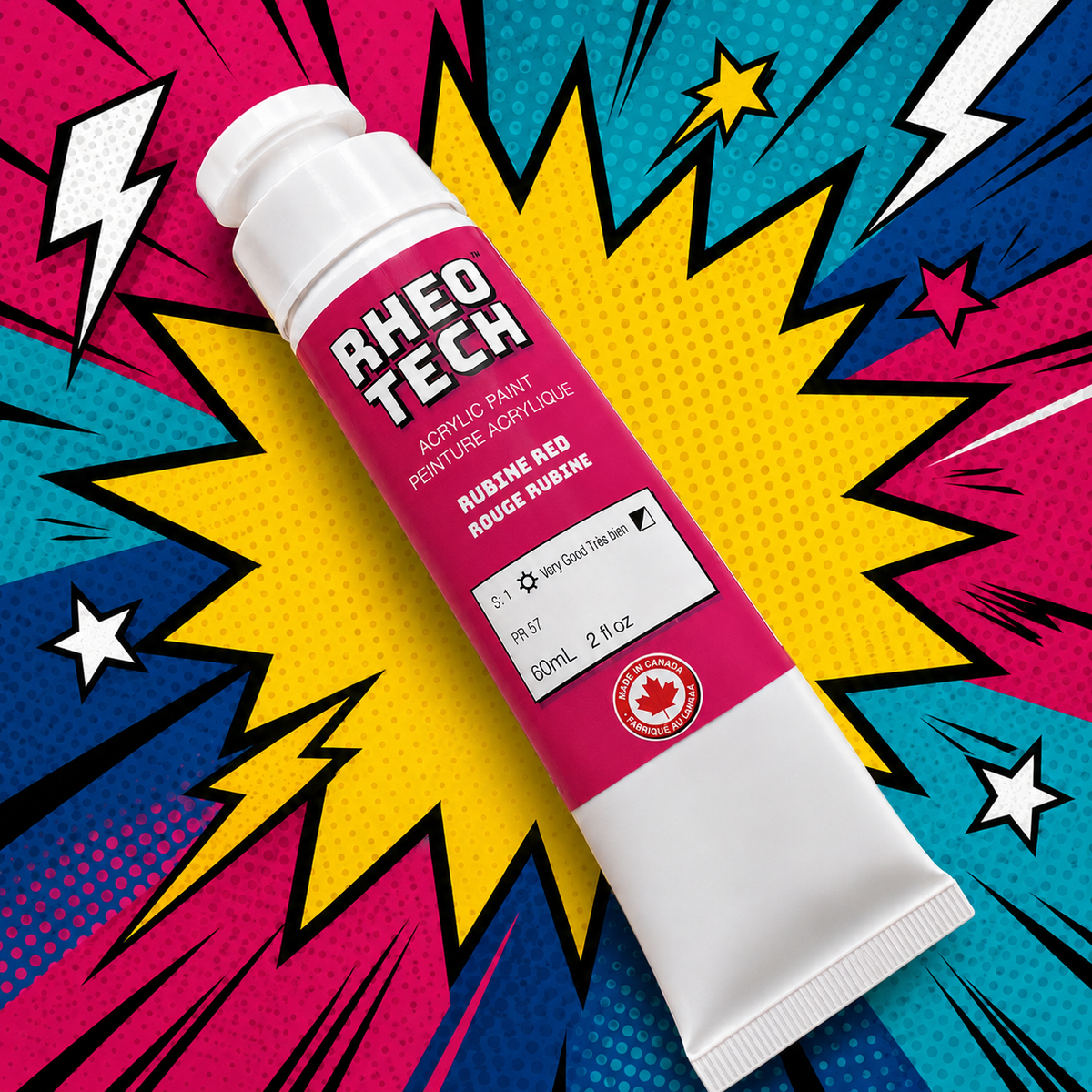 A rheotech acrylic paint tube on a colorful comic book style background