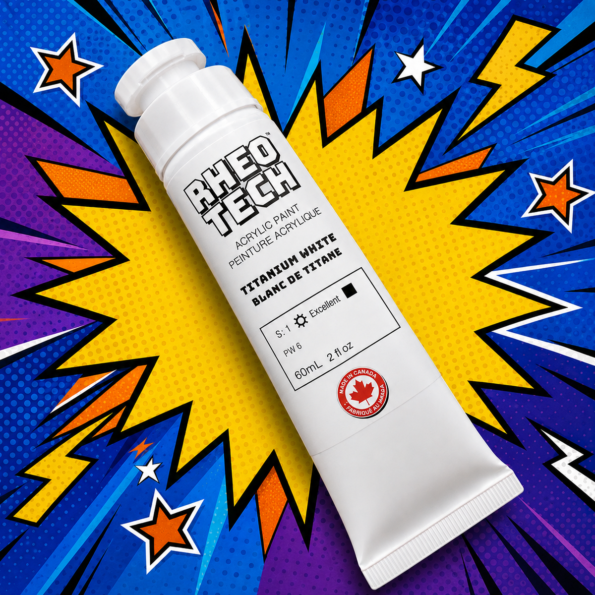 Rheo Tech acrylic paint tube on a colorful comic book style background
