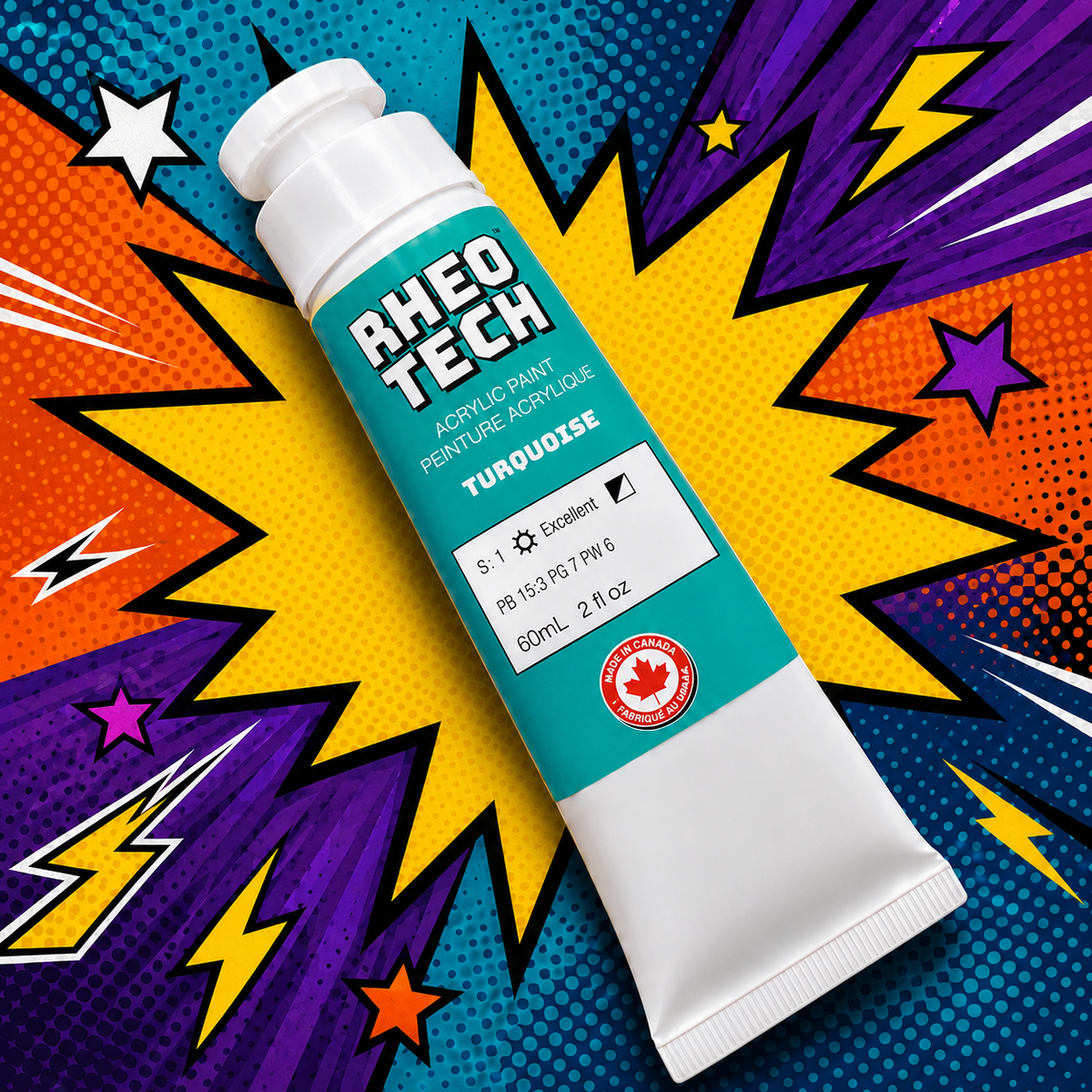 A rheo tech acrylic paint tube on a colorful comic book style background