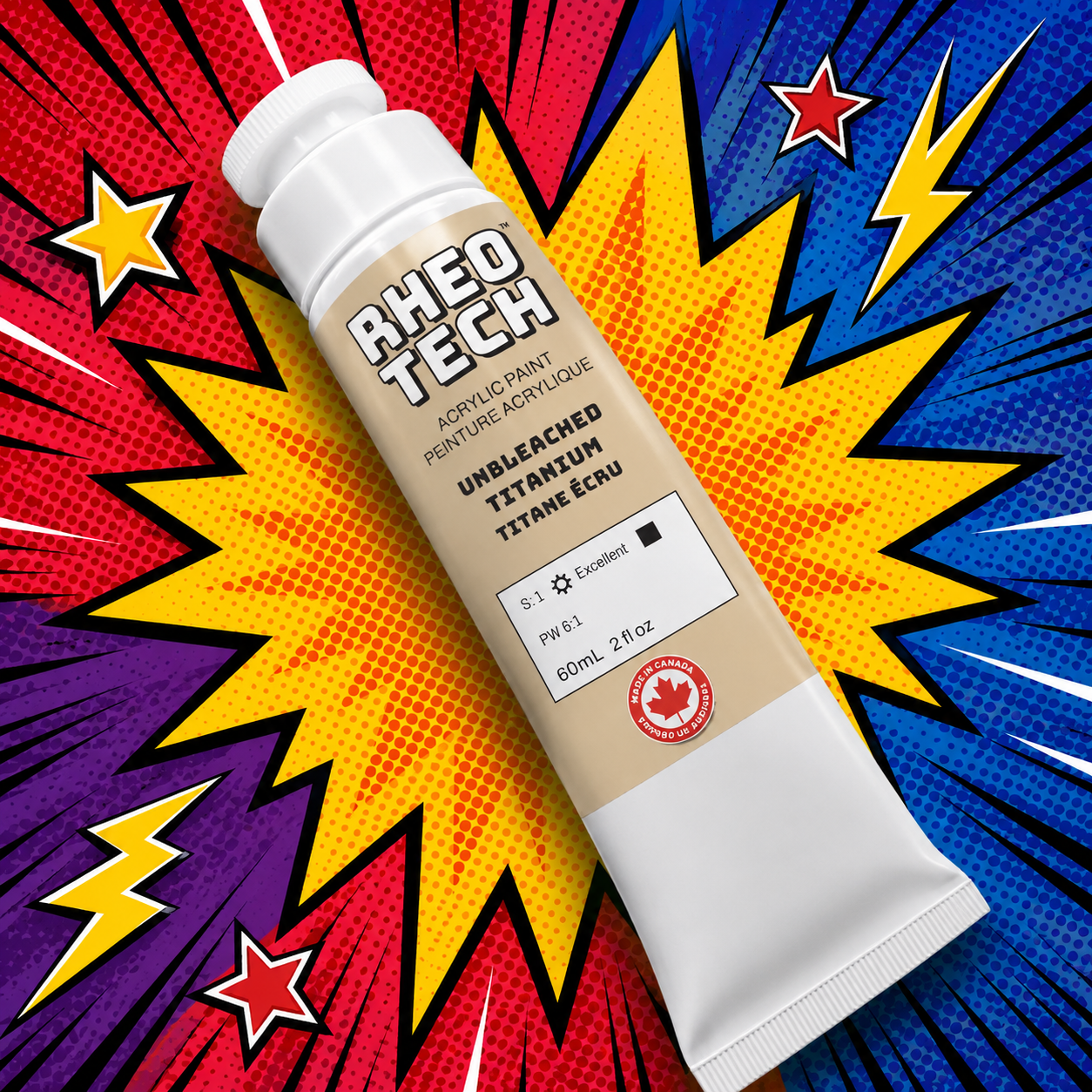 A tube of RHEO TECH acrylic paint against a colorful comic book style background