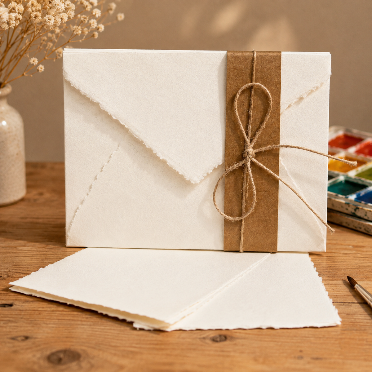 A handmade paper envelope with a matching folded sheet in front, wrapped in a brown kraft paper band tied with twine, set on a wooden table.