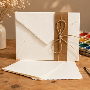 A handmade paper envelope with a matching folded sheet in front, wrapped in a brown kraft paper band tied with twine, set on a wooden table.