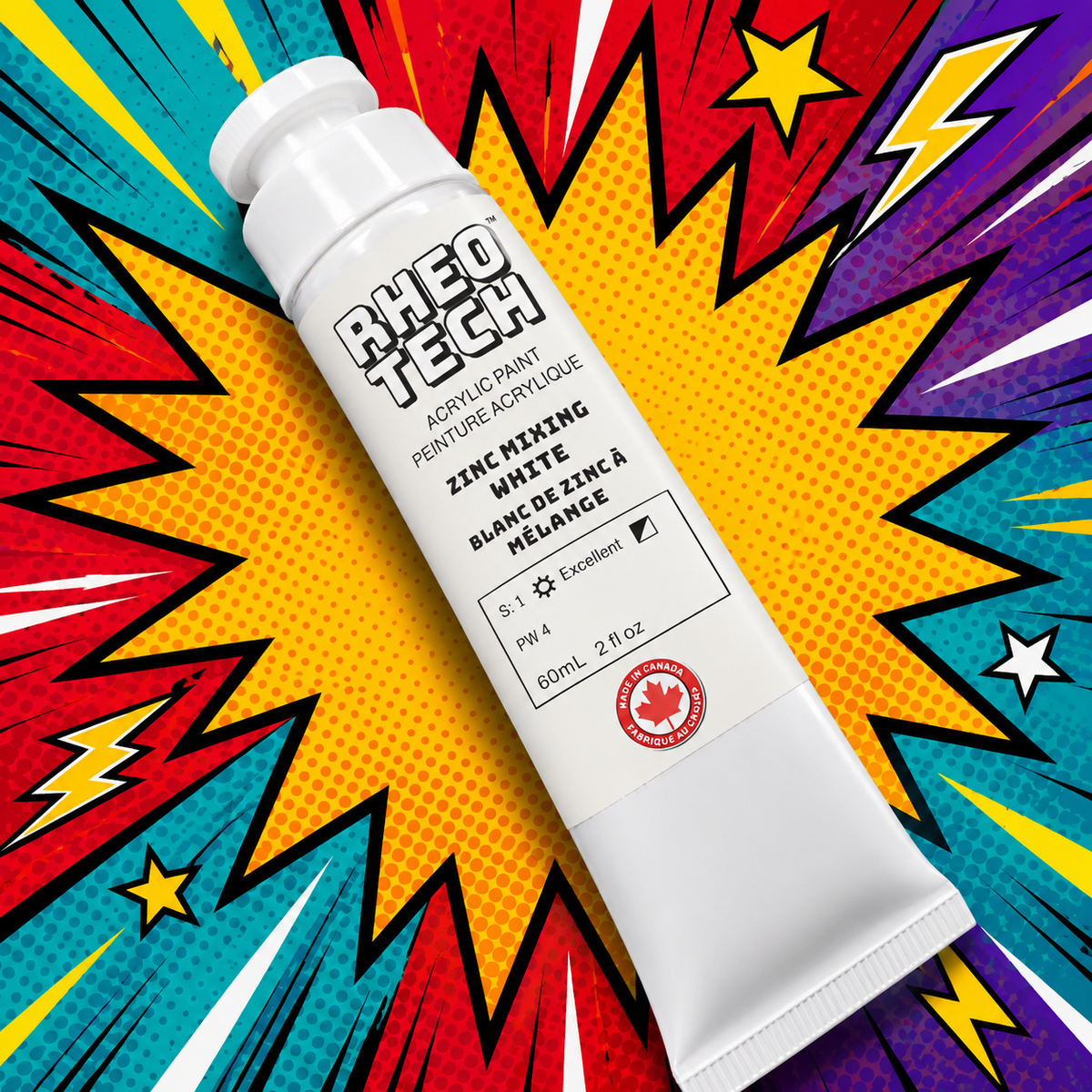 RHEO TECH acrylic paint tube on a colorful comic book style background